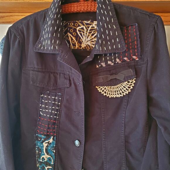 Restyled Handsewn One of a Kind Denim Jacket .Wearable‎ Art .Sz L - Picture 3 of 9